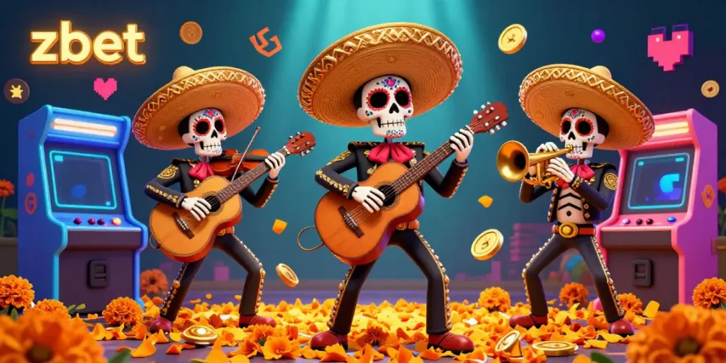 Experience the thrill of zbet with a lively mariachi band playing amidst colorful casino elements and arcade machines.