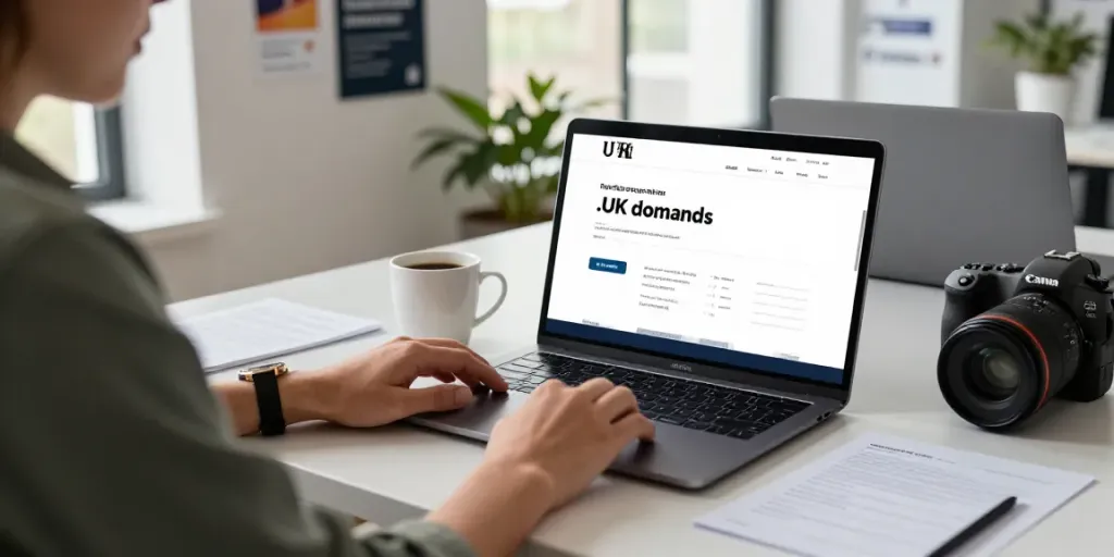 Buy .uk domain in a professional workspace during registration process.