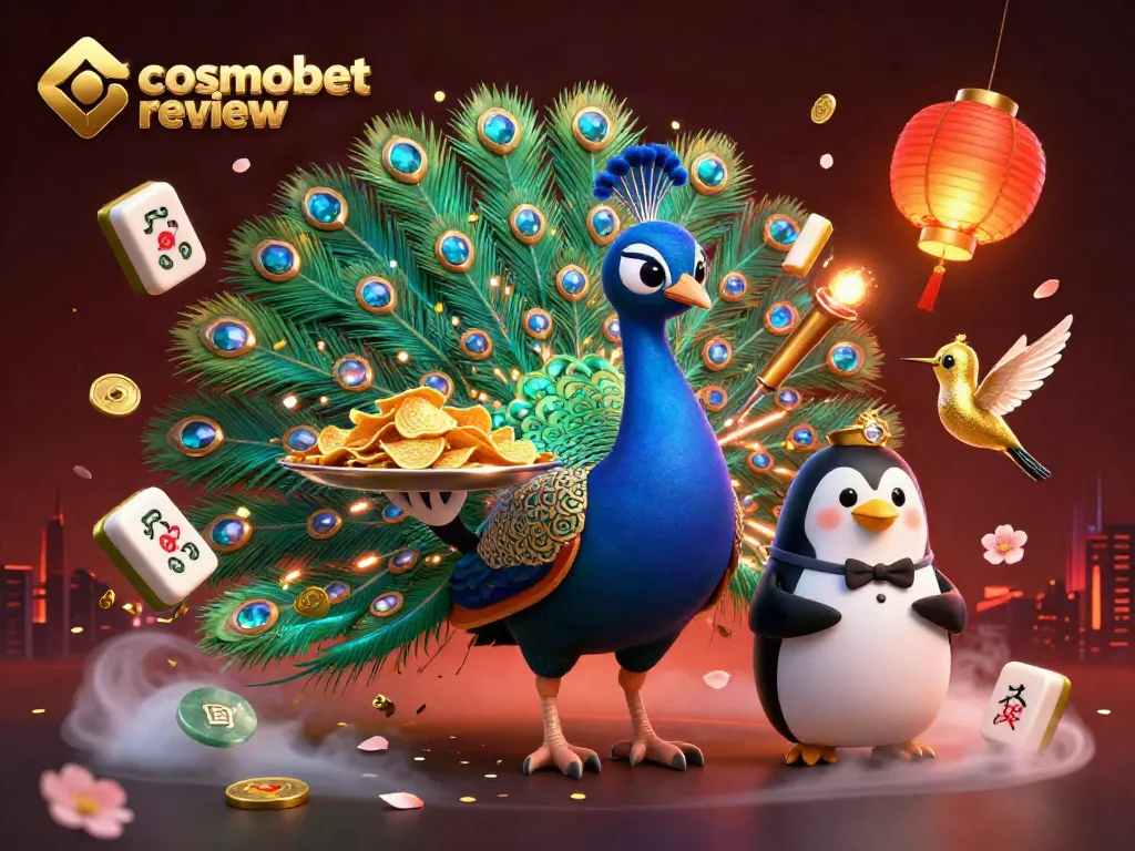 Engage in an exciting Cosmobet review with vibrant characters and dynamic gaming elements in a colorful casino scene.