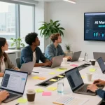 Collaborative marketing team utilizing AI marketing tools in a modern workspace.