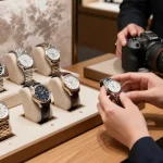 Showcasing premium clone watches in an upscale boutique with ambient lighting accentuating detail.